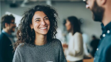 Confident young woman with a radiant smile enjoys a coffee break in a contemporary office setting. Friendly atmosphere and teamwork are evident among diverse professionals in the background