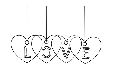 Continuous Line Drawing of Hanging Hearts Spelling Love, Perfect for Valentine and Romantic Design