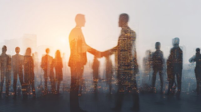 Double exposure of diverse business professionals in conference meeting with modern city office background representing teamwork partnership trust and successful corporate agreement