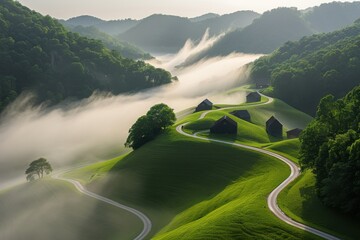 Spring Farm Morning: Soft sunrise light over barns and green pasture. --chaos 50 --ar 3:2 --profile 1l3n7zg --stylize 150 --v 6 Job ID: 91f5cc03-78a4-4ebf-8954-035d704dfab9