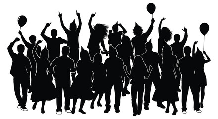 A jubilant crowd of people celebrating with raised arms and balloons a dynamic silhouette