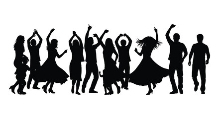 A joyful group of people celebrating with arms raised in a dynamic silhouette