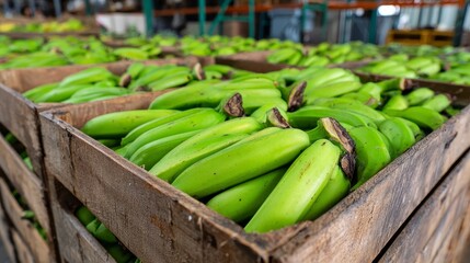 Close-up of large wooden crates filled with vibrant green, unripe fruit ready for transport in a warehouse setting