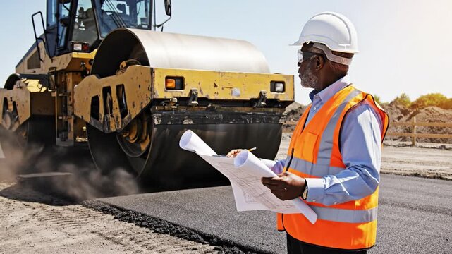 African American engineer in safety gear holds blueprints near a road roller paving asphalt. Represents infrastructure growth and professional supervision. Ideal for industry ads.