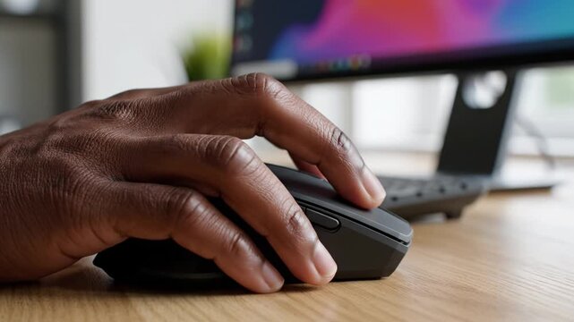 Close up of a male hand using a black wireless mouse on a wooden desk. The image conveys concepts of technology, business, and office work. Suitable for corporate and digital designs.