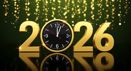 Fototapeta premium Happy new year 2026 with golden numbers and clock on bokeh background