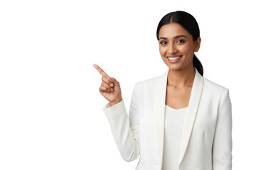 Smiling young businesswoman presenting something, isolated on transparent background