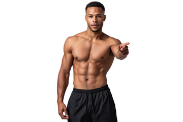 Muscular shirtless African American man with abs pointing directly at the camera with a serious expression, isolated on transparent background
