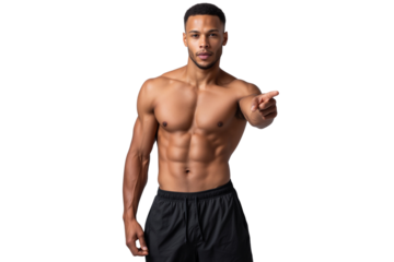 Muscular shirtless African American man with abs pointing directly at the camera with a serious expression, isolated on transparent background