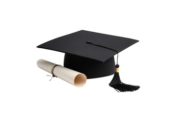 Black graduation cap and rolled diploma scroll, isolated on transparent background