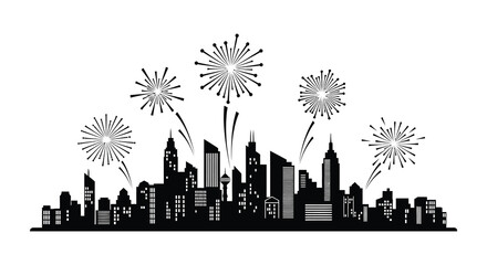 A striking skyline view with celebratory fireworks bursting above a city silhouette © Pvect02