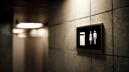 Close-up of restroom signage in a modern public space, featuring illuminated male and female figures
