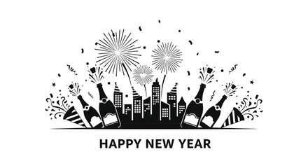 Celebrating new year with fireworks champagne and a city skyline in black silhouette