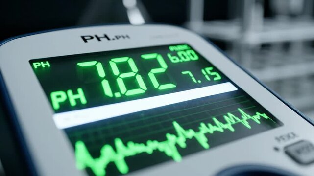 Digital pH Meter Displaying Measurements and Waveform Data in a Scientific Laboratory Setting