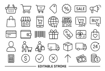 Shopping and E-commerce Editable Stroke Line Icons Set
