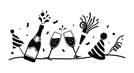 A festive celebration with champagne glasses and party favors depicted in black silhouette