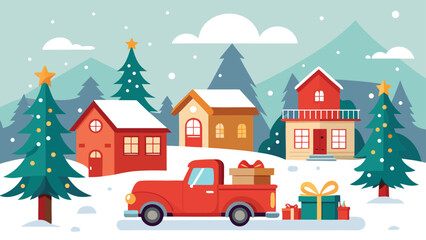 Fototapeta premium A festive card featuring a red truck carrying a Christmas tree, wishing Merry Christmas and Happy New Year..eps