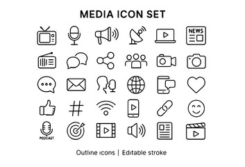 Media & Communication Outline Icon Set &ndash; Editable Stroke UI Symbols for Web, App, News & Social Media