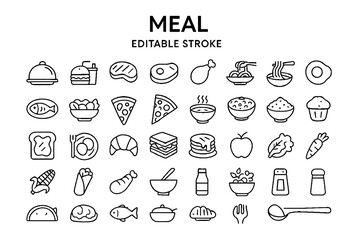Meal and Food Icons Set Editable Stroke Line Style, Restaurant Menu, Fast Food, Healthy Meals and Drinks Outline Vector Collection