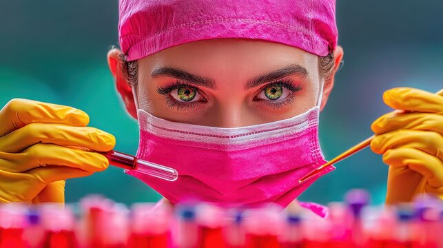 Scientist in pink mask and gloves examines blood samples in test tubes with intense eyes high contrast color pop - Powered by Adobe