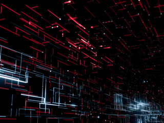 Blue and red digital lines in a futuristic abstract design.