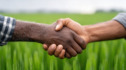 Spring Harvest Handshake: Two farmers shaking hands in a green spring field with young crops growing, symbolizing partnership and successful harvest. 