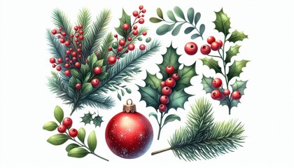 Obraz premium A set of Christmas symbols: a winter tree, pine tree, red Christmas balls, holly, and mistletoe. Illustrations of holiday items on a white background.