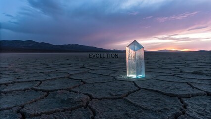 A crystal prism glowing with light on a cracked desert plateau during twilight symbolizes the concept of evolution and transformation.