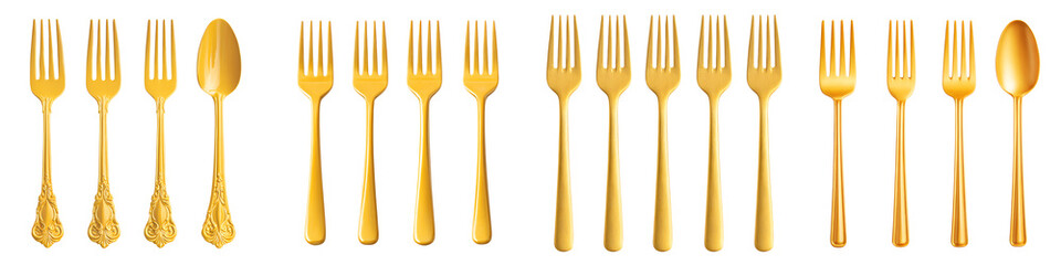 Gold Cutlery Collection: Spoons and Forks Isolated on White