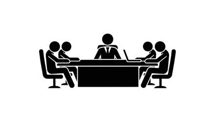Business meeting with people sitting around a table in a conference room discussing industry issues and graphic information.