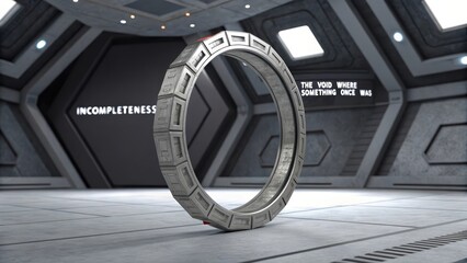 A metallic circular ring portal structure, reminiscent of a stargate, standing within a stark futuristic geometric void.