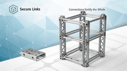 A metallic modular structure and component displayed against a backdrop of geometric patterns symbolizing engineering connections.