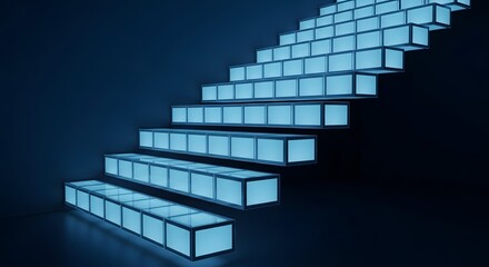 Futuristic illuminated staircase with glowing translucent steps in modern architectural design against dark background for interior inspiration