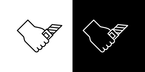 Hand holding a utility knife icon, vector illustration, minimalist design