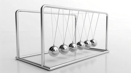 A metallic Newton's cradle with balanced chrome balls suspended in a clean white space, demonstrating principles of physics and perpetual motion.