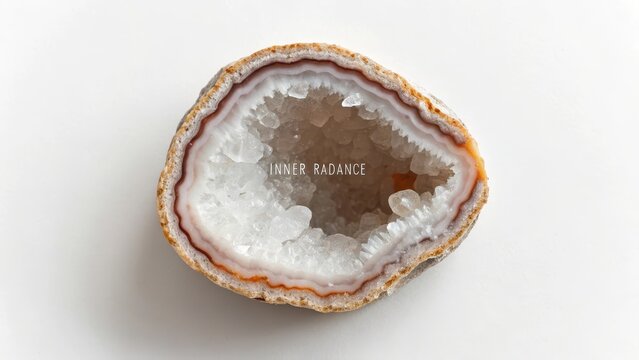 A perfectly smooth, hand-sized geode cracked open revealing its sparkling crystalline interior on a plain white background.