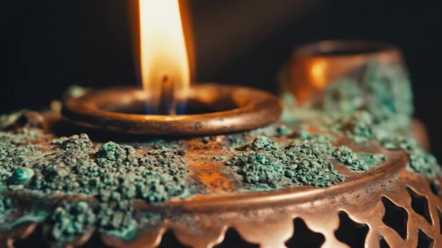 Oxidized copper holder cradles a steady glow, the flame a warm, antique beacon against the dark.