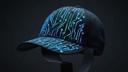 A black baseball cap featuring an electric circuit board design in vibrant teal and blue hues - Powered by Adobe
