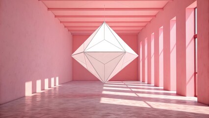 A large white geometric sculpture suspended in a luminous pink room with soft light and shadows