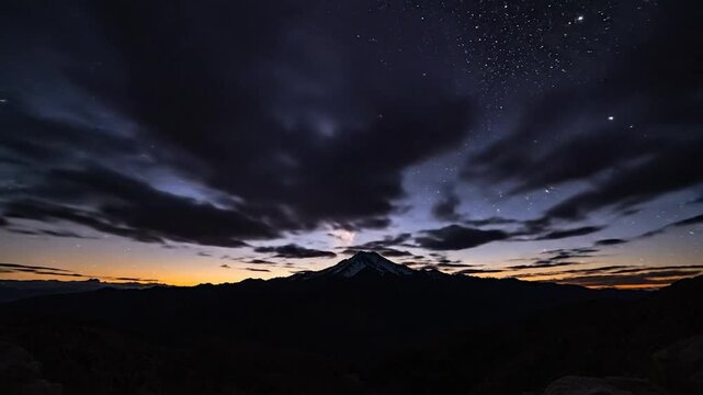 A snow-capped mountain range silhouettes against a dramatic sunset sky with stars