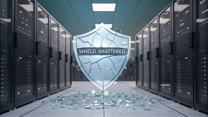 A shattered digital security shield cracks and crumbles amidst a server room environment, representing a critical data breach.