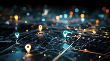 Close-up view depicts a detailed digital map with illuminated location markers, suggesting navigation or data visualization. The background features blurred lights