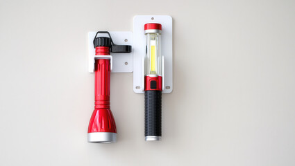 Emergency drill equipment includes red flashlight and black handheld light mounted on white wall for safety preparedness