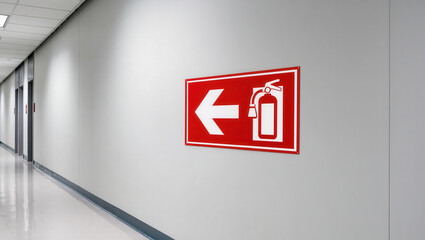 Fire extinguisher emergency drill sign on white wall in clean hallway with reflective floor and ceiling lights