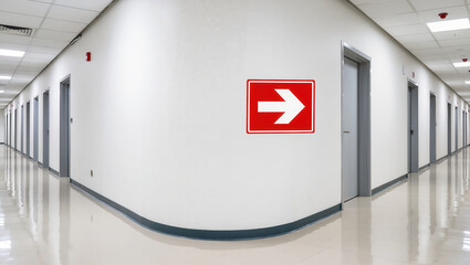 Emergency drill sign with arrow in clean white hallway with multiple closed doors and shiny floor creating calm atmosphere