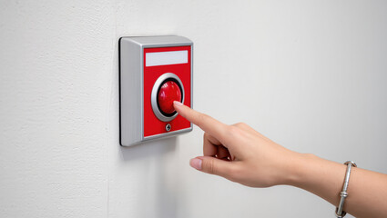 Emergency drill concept with hand pressing red alarm button on white wall for safety and alert in building