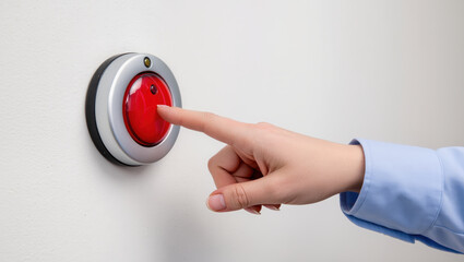 Emergency drill concept with hand pressing red alarm button on white wall for safety alert and preparedness