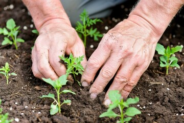 Close-up of hands planting small green seedlings into dark, fertile soil. Nurturing new life and growth in a garden.