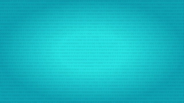 Bits animation. Zeros and ones bits moving to the right on a gradient cyan background