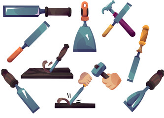 Hand Tools Icon Set with Hammer, Axe, Chisel and Knife, Flat Vector Illustration